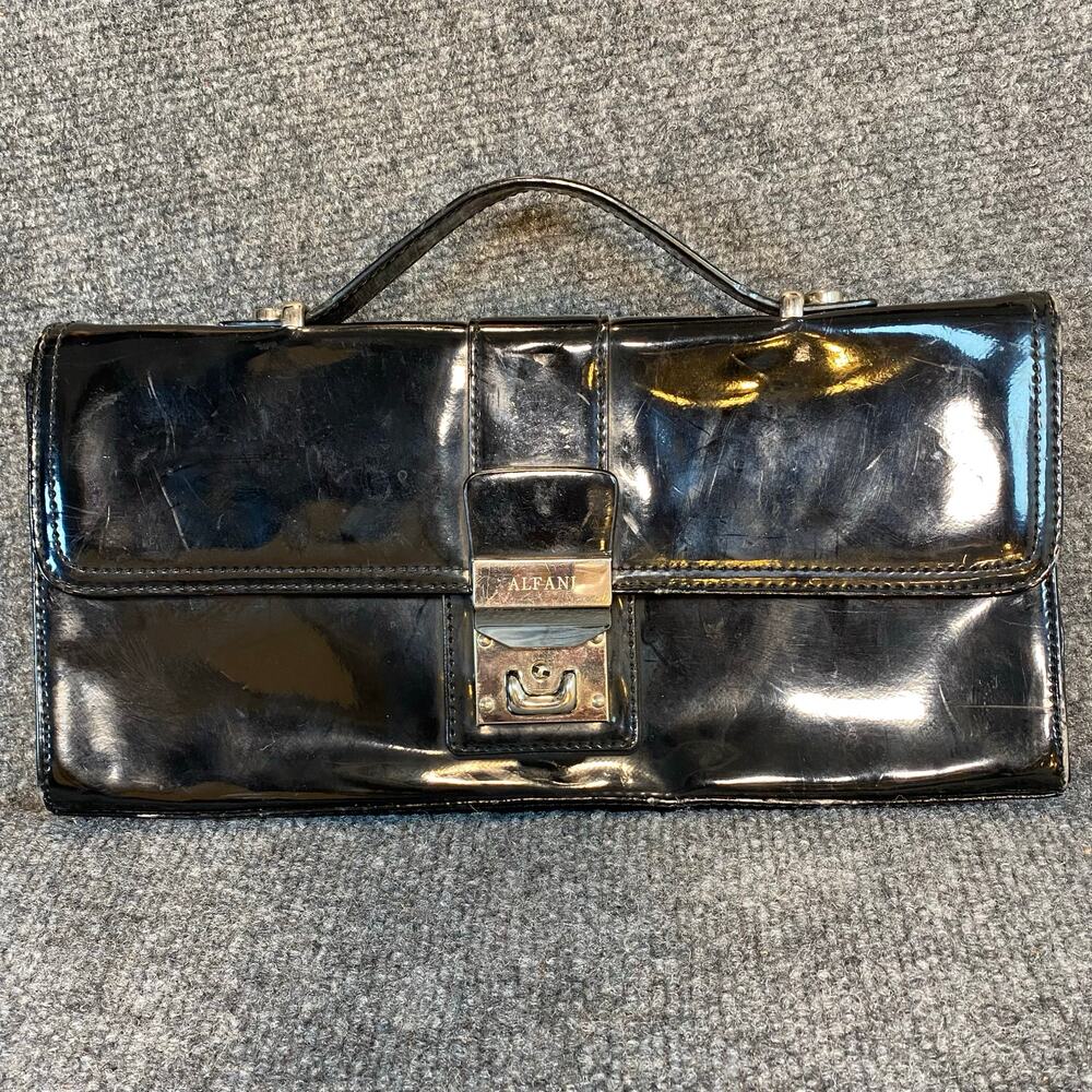 Alfani Black Patent Leather Top Handle Clasp Closure Purse Clutch Glossy 6x12